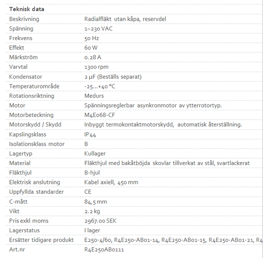 SVAB SVF-7 Fläktmotor inkl kondensator 2uf