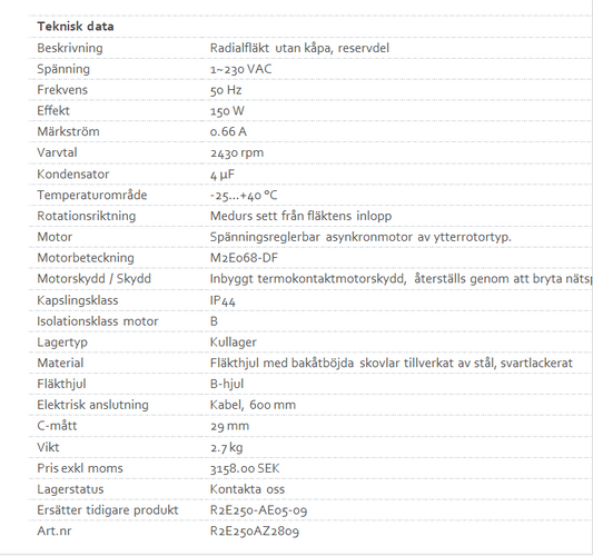 SVAB fläktmotor SVX-F Inkl Kondensator