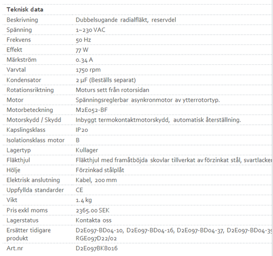 SVAB Fläktmotor SVX-T Tilluft